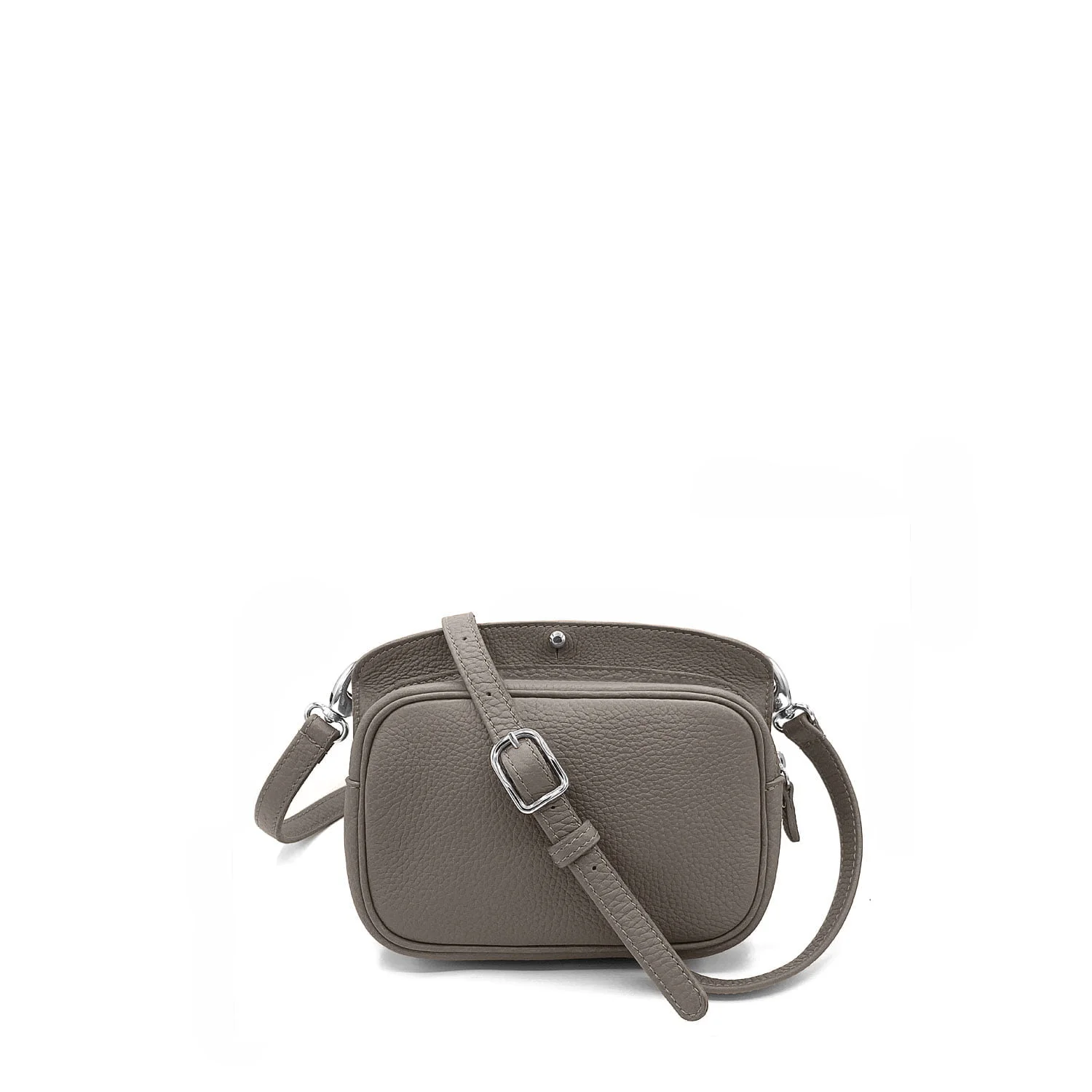 Sac bandoulière texturé gris avec bandoulière réglable et boucle en métal.