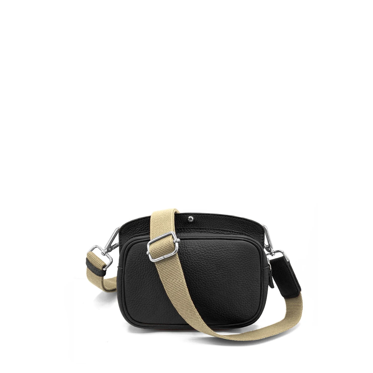 MAE Sangle : Un sac à bandoulière en cuir noir doté d'une bandoulière réglable beige et d'accessoires argentés, présenté sur un fond blanc.