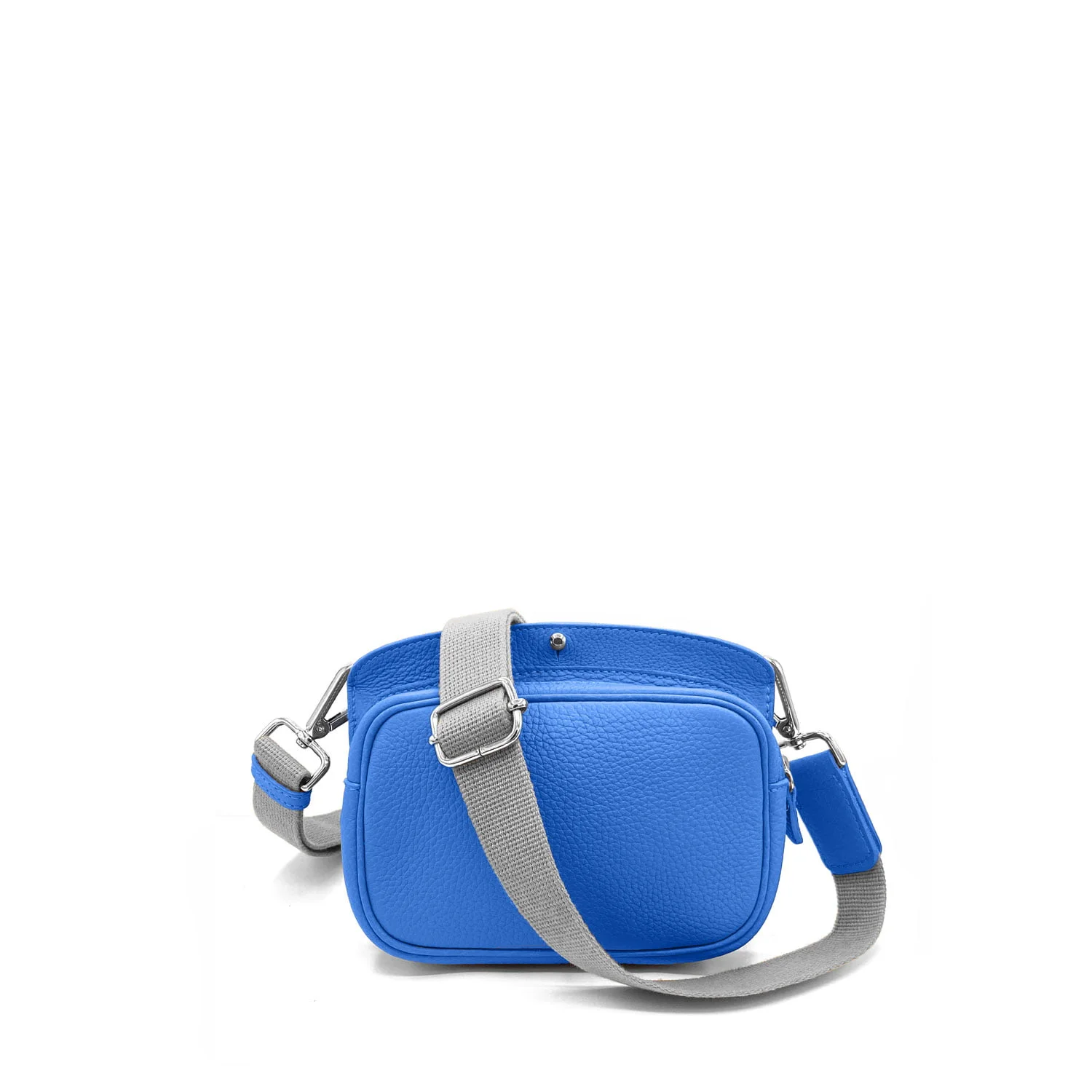 MAE Sangle - Ce sac bandoulière en cuir bleu vif est doté d'une bandoulière réglable grise et de boucles en métal, présenté en vue de face sur fond blanc.