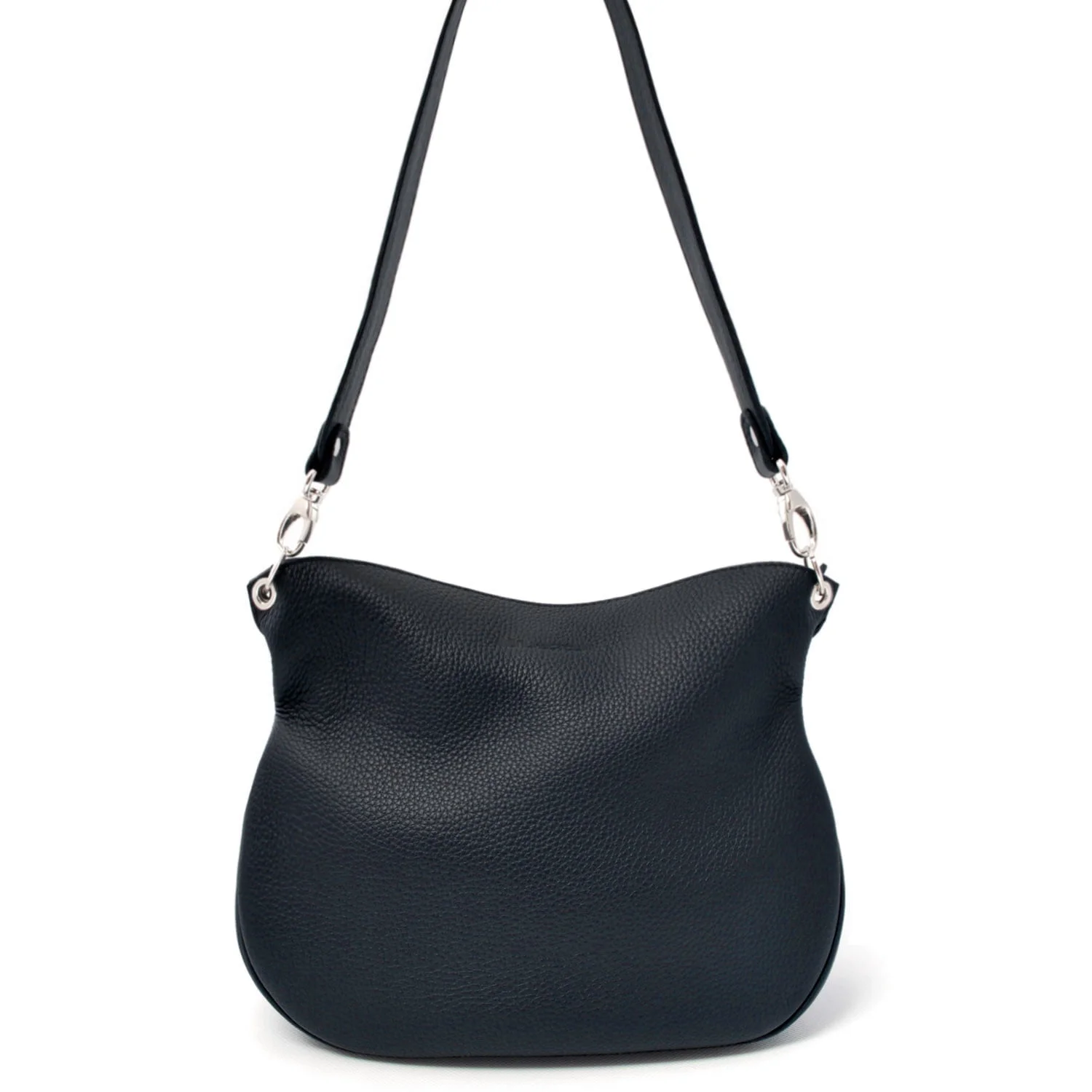 Sac bandoulière en cuir noir de forme incurvée avec bandoulière amovible.