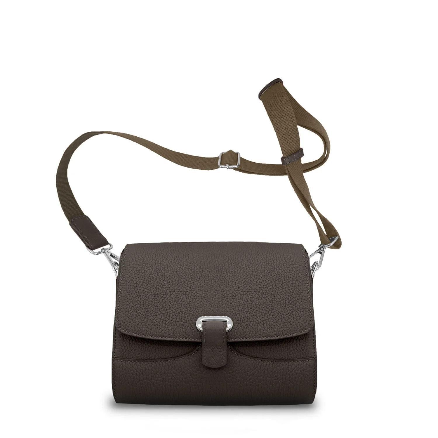 Sac bandoulière vert foncé avec une texture en cuir, doté d'un fermoir argenté sur le rabat et d'une bandoulière réglable.