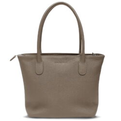 Un sac à main en cuir taupe avec deux poignées et une fermeture zippée.