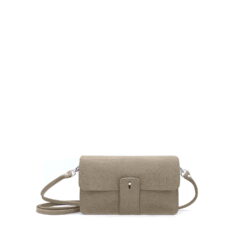 Sac bandoulière en cuir beige avec rabat avant et fermeture à boucle.