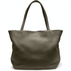 Sac fourre-tout en cuir vert olive avec deux poignées, présentant un design simple et spacieux.