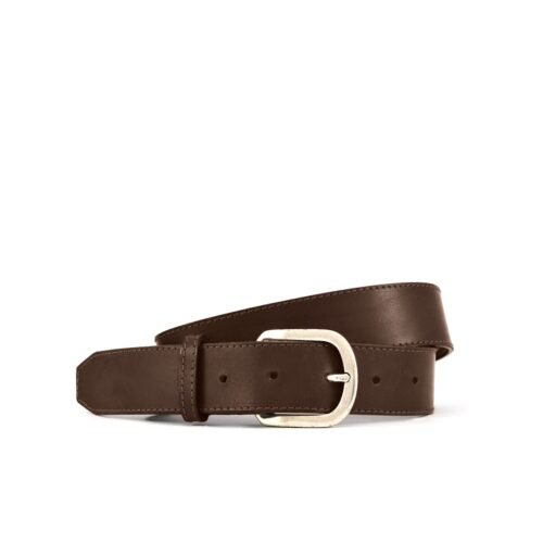 Une ceinture en cuir marron avec une boucle argentée sur fond blanc.