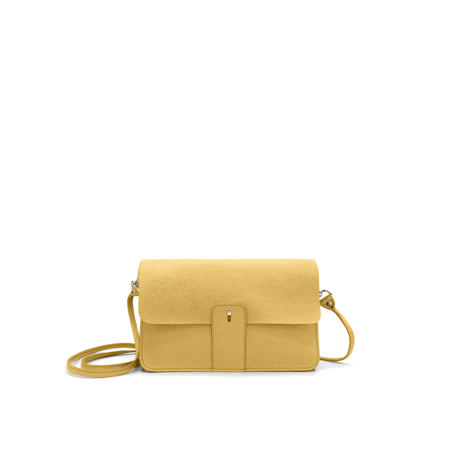 Sac à bandoulière en cuir jaune, doté d'un rabat à l'avant et d'une fine bandoulière, présenté sur un fond blanc uni.